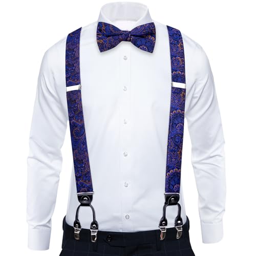 Image of DiBanGu Paisley Bow Tie and Supenders for Men Tuxedo Heavy Duty 6 Clips Suspender Adjustable Y-Shape Mens Trouser Braces