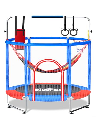 Image of BLUERISE 55IN 6FT Indoor /Outdoor Toddler Trampoline for Kids | Galvanized Steel Pipe,Multiple Activity Accessories,110lb,Safety Enclosure,Basketball Hoop,No-Gap Design,Anti-Rollover Bottom