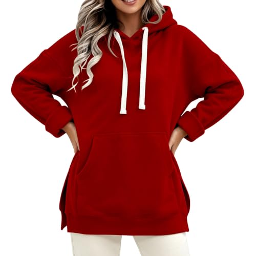 Image of Womens Oversized Hoodies Pullover, Womens Long Hooded Sweatshirts Red