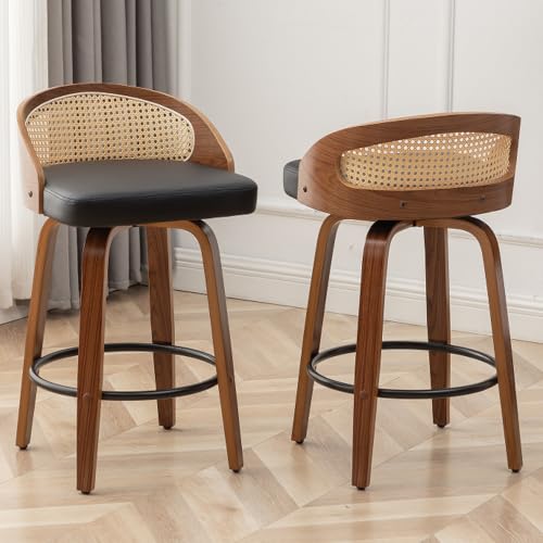 Image of Swivel Rattan Bar Stools Set of 2 with Back,Black Leather barstool chairs