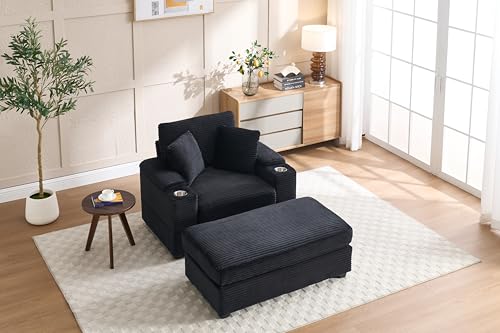 Image of 50 inch Corduroy Upholstered Chaise Lounge Chair Indoor, Modern Lazy Sofa with Storage Armrest, Sleeper Couch with Cup Holders for Living Room, Black
