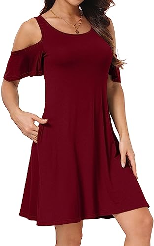 Image of Short /Long Sleeve Women's Cold Shoulder Dress with Pockets Casual Swing T-Shirt Dresses