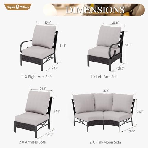 Sophia & William 6 Piece Patio Furniture Set, Half-Moon Curved Outdoor Sofa, Wicker Rattan Outdoor Conversation Sets,Beige - Image 3