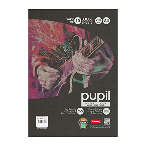 Image of Anupam Pupil Black Toned Paper - Acid Free - Cold Press Paper - 10 Loose Sheet - 225 GSM - A4