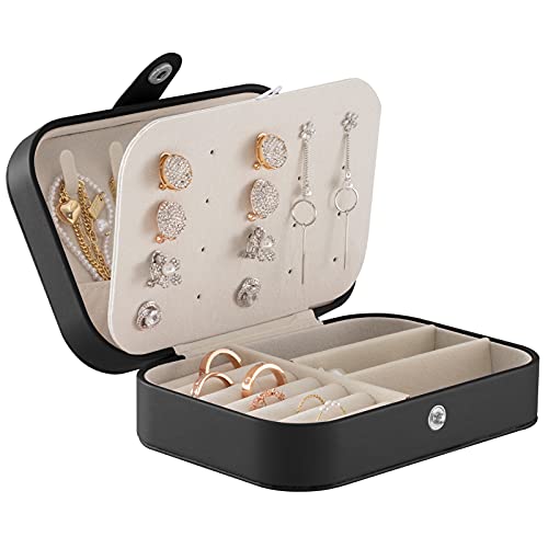 Oyydecor Portable Jewelry Box Small 2-Layer Travel Jewelry Organizer PU Leather Display Storage Case for Rings Necklace Earrings Bracelets Valentine Gift for Girls Women (Black)