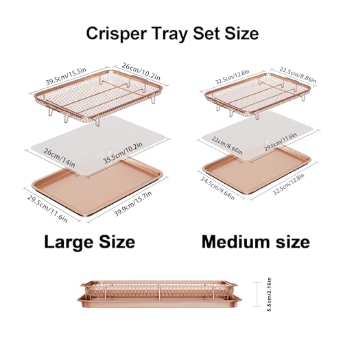 Image of Air Fryer Basket for Oven, THORSES 2 Set Oven Air Fryer Basket and Tray Set | with 60 Sheets Parchment Papers, Carbon Steel NonStick Air Fryer Pans and Tray-Large15 inchx11 inch & Medium13.4 inchx9.6 inch-Gold