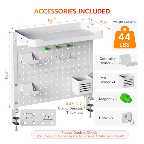 Image of ARES WING Desk Clamp On Pegboard with 16 inches Organizer Shelf, Adjustable Above or Under Desk Storage Shelf Holds 44 lbs, Magnetic Metal Peg Board for Office and Gaming Accessories, White