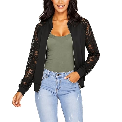 Veste à fermeture éclair avec dentelle pour femme | Veste de loisirs à manches longues