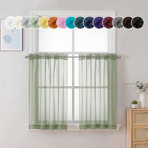 Image of Chyhomenyc Sage Green Sheer Curtains 36 Inch Length, Short Voile Sheer Window Curtians for Small Window Bathroom Cafe Living Room, Set of 2, 42W x 36L inches, Rod Pocket,