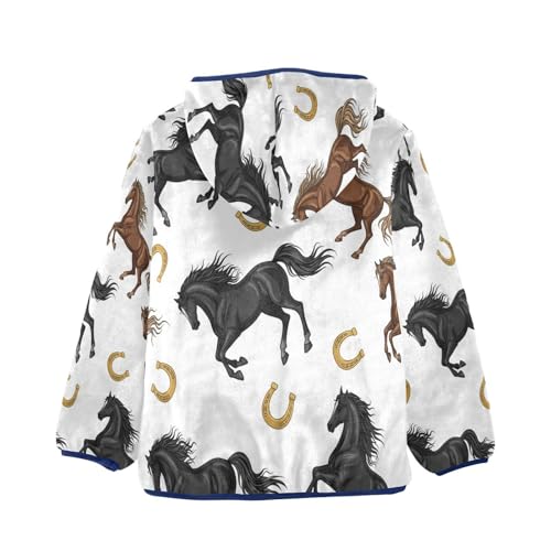 Horse and Horseshoe Pattern Toddler Fleece Jacket Girl Boys Hooded Fleece Jacket Coat Warm Outwear Zip-up 3-10T2