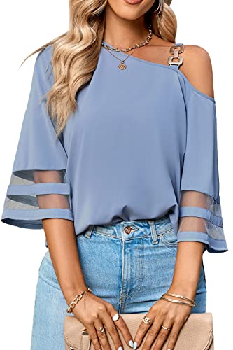 2023 Women Summer Solid Color Loose Fitting Chiffon Blouse 3/4 Bell Sleeve Mesh Panel Shirt Cold Shoulder Metallic Buckle Top Sky Blue Medium #TOP16