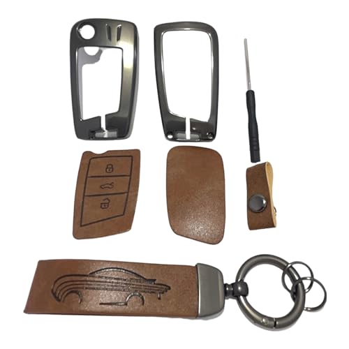 Image of Zinc Metal Alloy Leather Car Key Cover & Case Brown with Keychain & Holder Compatible for VW Taiguan, Virtus, Tiguan, T-ROC, Jetta (3 Button Flip Key New)