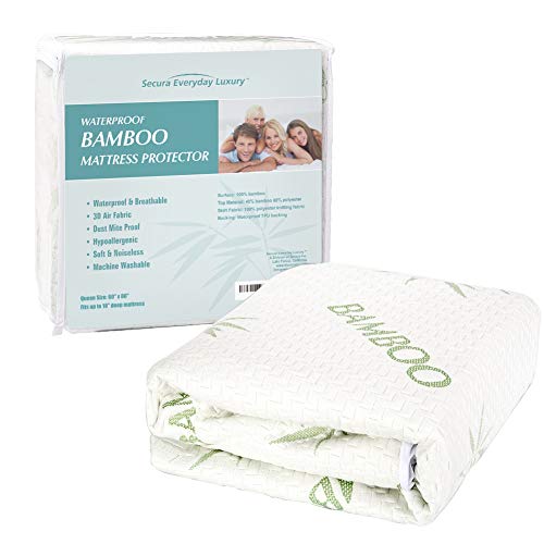 Secura Everyday Luxury Waterproof Queen Mattress Protector, 100% Breathable Bamboo Mattress Cover