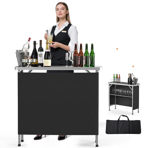 Bonnlo Folding Portable Bar Table, Mobile Bar Table for Events, Party, Camping, Picnic, Tradeshow, Indoor with Black Skirt 39 'L x 34' H