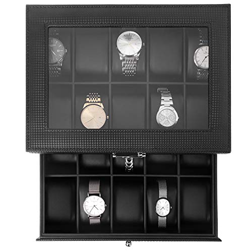 Bewishome Watch Box Organizer 20 Slots Watch Case Men Display Storage Case Metal Hinge Carbon Fiber Design Glass Top Large Holder Black Ssh04C #TOP2