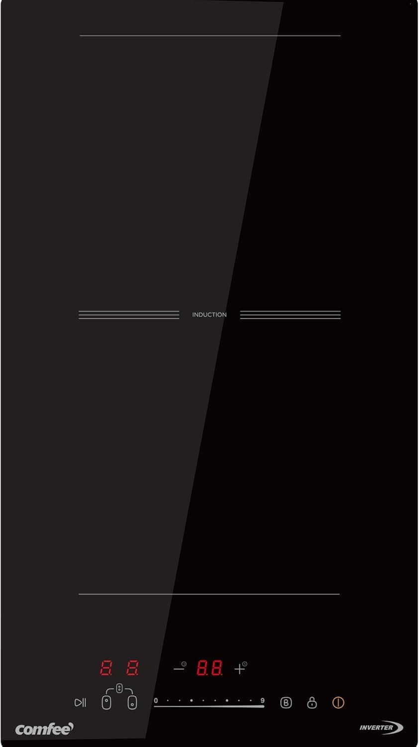 Top-down view of the COMFEE' CIH351D215K1 2-zone induction hob with touch controls visible.