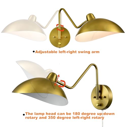SHAWNKEY Plug-in Wall Sconce Gold Swing Arm Wall Sconce Brass Wall Lamp with on/Off Switch for Bedroom Set of 2 by SHAWNKEY - Used condition - Image 4