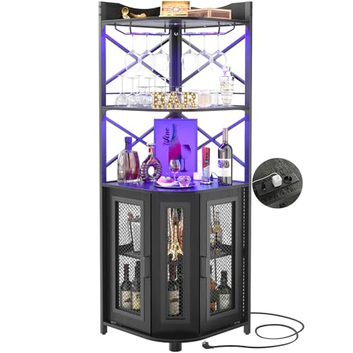 iSunirm Meuble Bar d'angle avec Prise électrique, Meuble à vin Industriel avec Bande LED et Porte-Verres, à liqueurs à 5 Niveaux pour la Maison, vitrine d'angle pour...