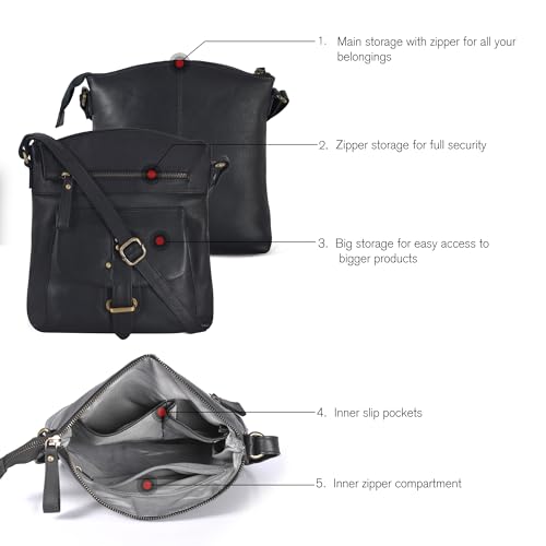 Image of Oak Leathers Leather Crossbody Bag For Women With Adjustable Sling Strap - Medium Size Crossover Shoulder Handbag Purse (Nappa Black)