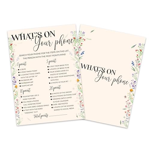 Wildflowers Bridal Shower Game Cards, What's On Your Phone Game Cards for Wedding Shower Engagement Party Bachelorette Party Reception, Bridal Shower Decorations, Set of 25-09