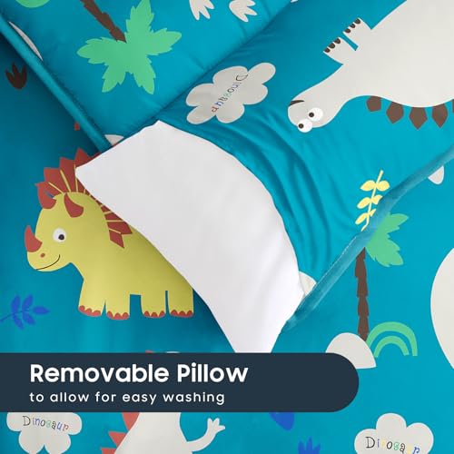 Image of Wake In Cloud - Toddler Nap Mat with Pillow and Blanket, 100% Cotton Fabric, for Kids Boys Ages 3 Plus in Daycare Kindergarten Preschool, Roll Up Sleeping Bag, Cute Dinosaurs