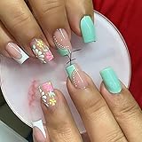 Flower Press on Nails French Tip Fake Nails Square Short False Nails Spring Summer Green Sweet Flora