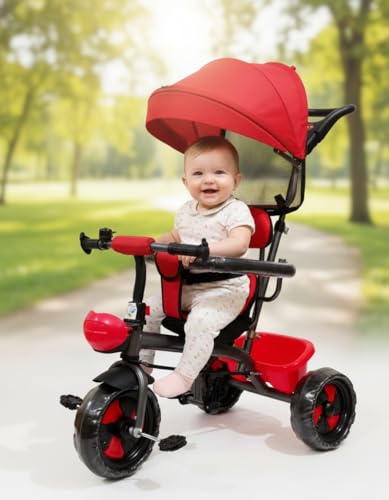 Image of Kids Tricycle with Canopy, Red and Black, Parental Push Handle, Storage Basket, Toddler Ride-On