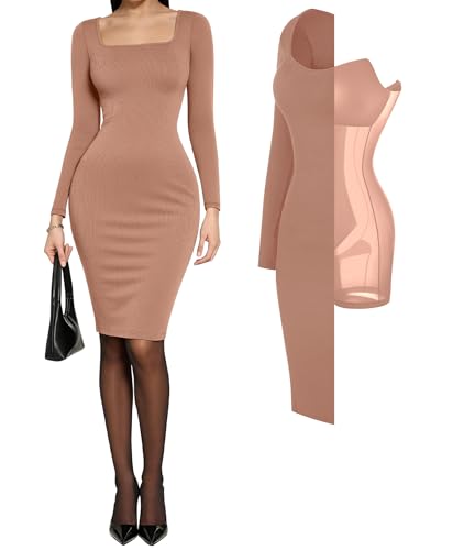 Image of Popilush Long Sleeve Midi Dresses for Women, Built-in Bra Shapewear Dress | Bodycon, Tummy Control, Square Neck, Cocktail Party and Dinners