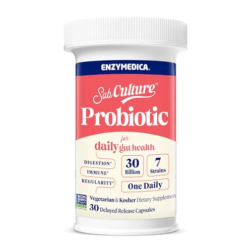 Enzymedica, SubCulture Probiotics for Men and Women, Capsules for Daily Gut Health, 30 Billion CFU + 7 Live Strains, Digestion, Regularity & Immune Health, Lactobacillus and Bifidobacterium, 30 Count