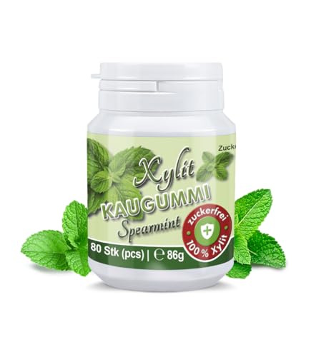 Xylit Kaugummi - Tschüß Karies: 80 zuckerfreie Zahnpflegekaugummi - 100% Xylit, ohne Aspartam, vegan - Spearmint (1er Pack)