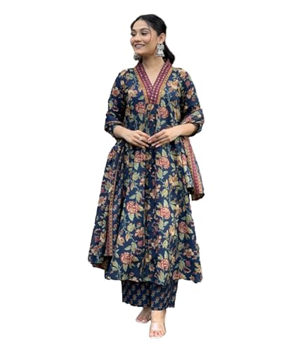 Image of LookMark Women Cotton Blend Floral Printed Kurta Plazzo Set with Dupatta Suitable For Every Indian Occasion
