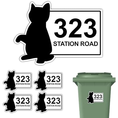 Personalised Printed Wheelie Bin Number Stickers with House Number And Street Name Cat 01 Style A5 Size Pack of 4 Black Cover