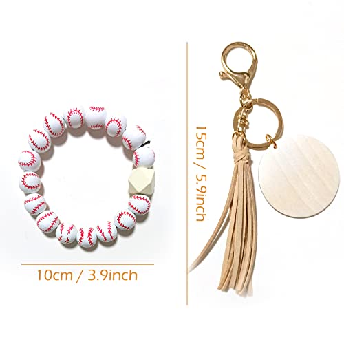 Kchies Softball Baseball Charm Keychains Wooden Key Ring Bracelet Wristlet White Women Girls Coach Sports Athletes Team Rewards School Souvenir Party Favors Homecoming Kids Boys Men Birthday Gift #TOP6