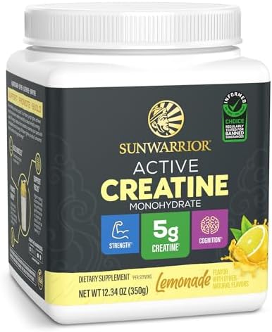Sunwarrior Creatine Monohydrate Powder | Muscle Building Strength Training Pre Workout & Recovery | Vegan & Keto Friendly Micronized & Easily Mixes 350g Tub (50 Servings) Lemonade Active Creatine