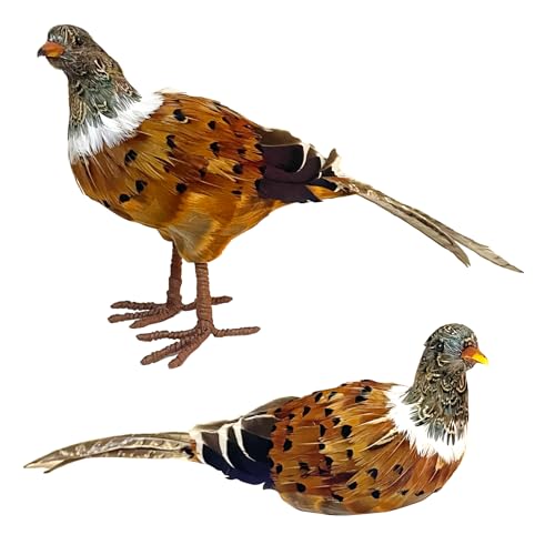 2Pcs Feathered Pheasant Decor Set - Handcrafted Standing and Sitting Pheasant Figurines with Natural Feathers for Home Spring and Autumn Decorations Thanksgiving Figurines Centerpiece (2Z)