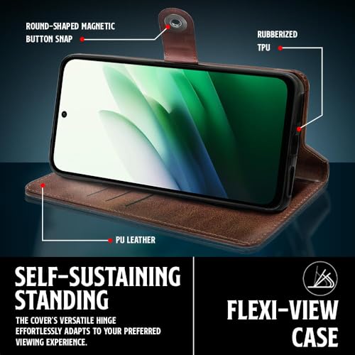 Image of WOW IMAGINE Shock Proof Flip Cover Back Case for Mi Redmi 15 5G (Magnetic Button Flip Case | Wallet Pockets & Stand | Leather Finish | Coffee)