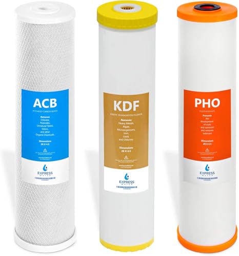 Express Water Whole House Replacement Filter Set, 3 Pack, Carbon Block, KDF, Polyphosphate for Heavy Metal and Anti Scale, Compatible with WH300SCKP, 4.5' × 20' Standard Water Filter Cartridges
