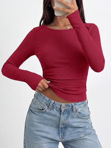 BTFBM Womens Long Sleeve T Shirts Spring Clothes 2026 Ribbed Slim Fit Boat Neck Casual Going Out Tops Workout Outfits(Burgundy, Large) - image 6
