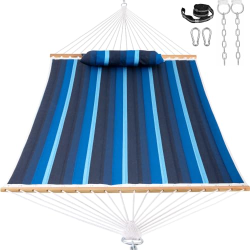 Image of Lazy Daze Hammocks 12 FT Sunbrella Fabric Quilted Hammock Double Sunbrella Quilted Hammock with Spreader Bars & Pillow, All Weather and Fade Resistant for Outdoor, 450 lbs Capacity, Gateway Indigo
