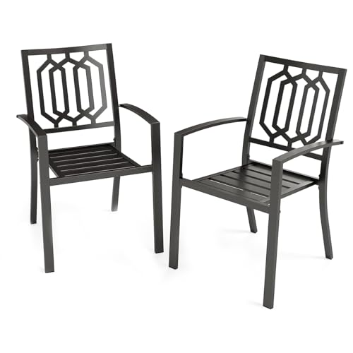 Image of PHI VILLA Patio Dining Chairs Set of 2, Stackable&Wrought Iron | Black Stackable Wrought Iron Outside Dining Chairs, All Weather Heavy-Duty Furniture for Patio, Deck, Porch, Backyard