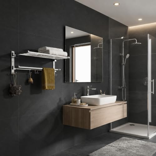 Image of GRIVAN 18-Inch Stainless Steel Towel Rack in Bathroom | Wall-Mounted Towel Stand with Hooks | Foldable Towel Holder & Cloth Hanger for Bathroom (Silver Chrome, 18 INCH)