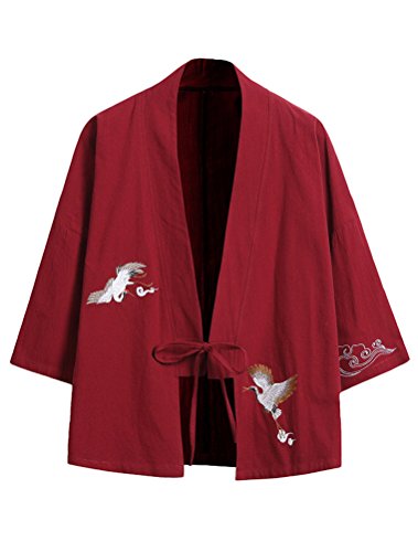 Lavnis Men's Embroidery Kimono Cardigan Casual Cotton Linen Seven Sleeves Open Front Coat Red XL