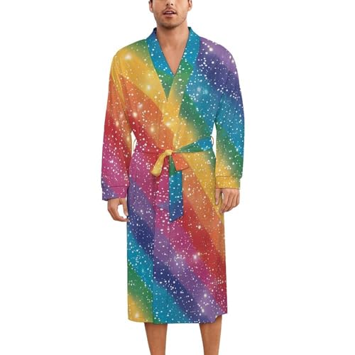 Glitter RainBow Pattern Soft Robe Long Sleeve Bathrobes V Neck Sleepwear Spa Robes with Belt Men Woman