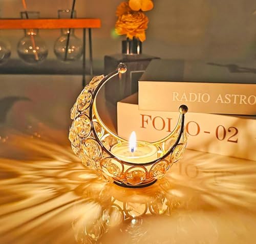 Ramadan Photophore décoratif doré - Pour salon - Moderne - Moon - Photophore en métal - Décoration de table pour mariage, fête, Ramadan (doré 1 pièce)