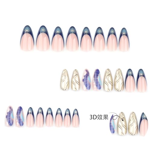 Image of Stiletto Press on nails French Tip Fake Nails with 3D Line Design Bronze Colour Glue on Nails Star Stick on Nail Artificial Acrylic Full Cover Medium Blue False Nail for Women Manicure 24Pcs