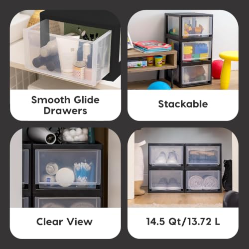 Image of IRIS USA 14.5 Qt. Plastic Drawer Storage Organizer Stacking Drawers, 3-Pack, Stackable Unit with Sliding Drawer for Clothes Bedroom Kitchen Under Sink Pantry Craft Room Bathroom Dorm Office, Black