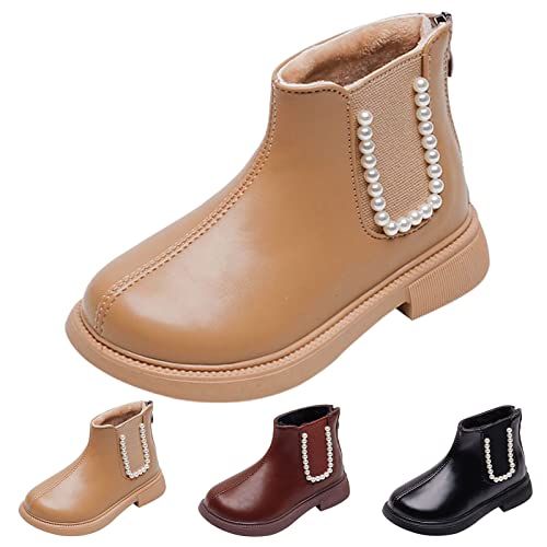 Big Kid Boots Children Boots for Boys and Girls Flat Bottom Non Slip Solid Color Pearl Back Zipper Plush Warm and3