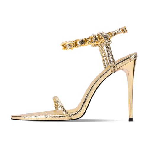 Image of Gold Strappy Stiletto Heels for Women Metallic Ankle Strap Open Toe High Heel Sandals Elegant Dress Shoes for Wedding Party Prom and Evening Events
