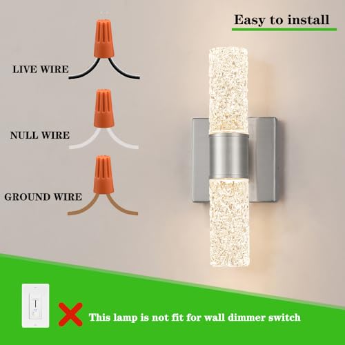 Image of Brushed Nickel Wall Sconces Set of 2, LED Bathroom Vanity Light Fixtures, Hardwired Crystal Sconces Wall Lighting Over Mirror, LED Wall Mount Lights for Bedroom Hallway Indoor, 10W