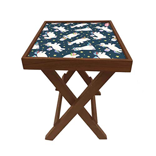 Image of Nutcase Designer Teak Wood Side Table Folding Wooden Bedside Kids Baby Nursery Furniture - Fun and Games - Rainbow Unicorns